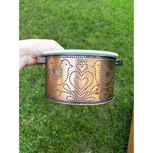 Copper Floral Metal Holder Sleeve w/ Handles & White Enamel Mixing Bowl 2pc